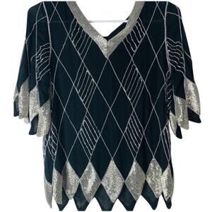 Judy’s Beaded Silk Harlequin Top Medium – New with Tags – 70s Disco Party Blouse